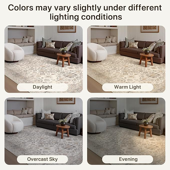 Bavni 3x5 Area Rug for Living Room Bedroom, Washable Boho Print Vintage Aesthetic Rug, Ultra-Thin Low Pile Rugs for Entryway Playroom with Non Slip Backing, Light Taupe Brown