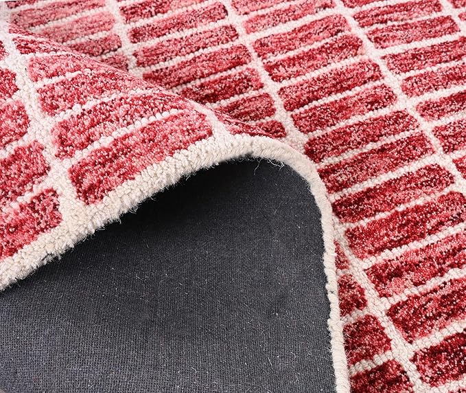 Hand-Tufted 100% Wool Area Rug – Unique Modern Geometric Grid Pattern, Soft Plush Textured Carpet for Living Room, Bedroom, Dining Room & Entryway (Brick Red, 3' x 5')