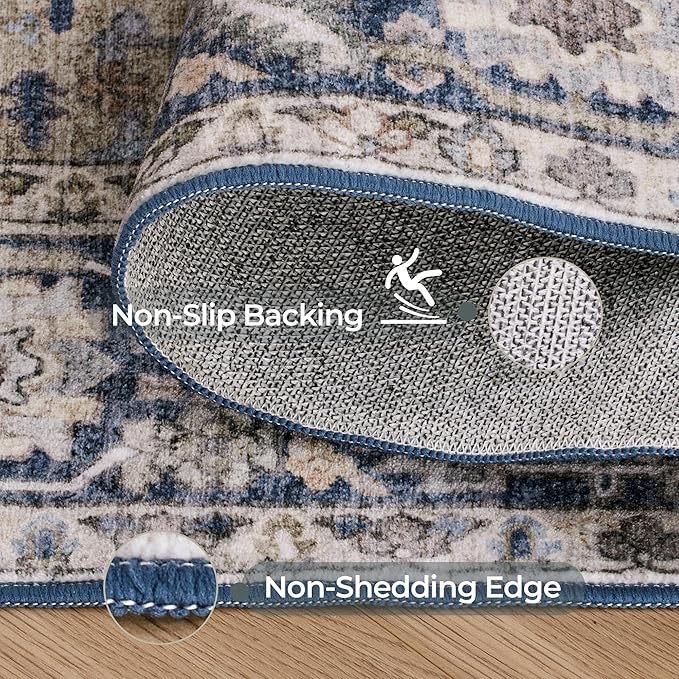 Kokia 6x9 Washable Area Rugs Blue with Vintage Orient Design, Soft Rug for Living Room or Bedroom, Non-Slip Low Pile Stain Resistance Features, Distressed Medallion Pattern