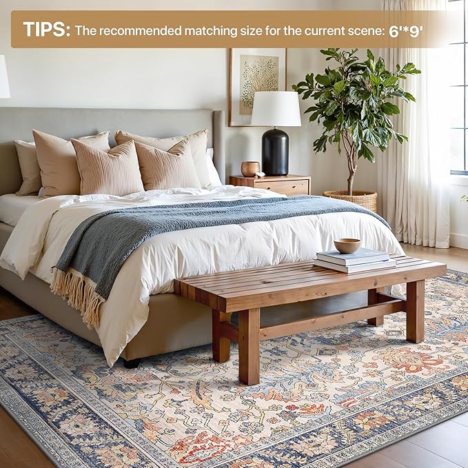 Bavni Washable Rug-6x9 Area Rugs for Bedroom Non-Slip, Ultra Thin Low Pile Living Room Rug, Modern Printed Decorative Rug for Dinning Room Office, Teal/Multi