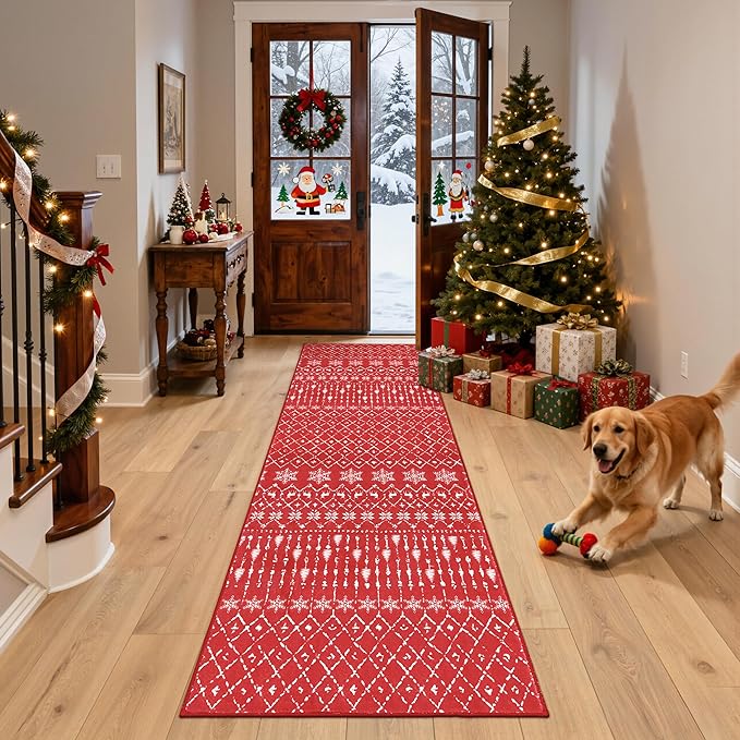 Lahome Christmas Runner Rug 2x8 for Hallway Red Non Slip Washable Runners for Kitchen Low Pile Carpet Moroccan Snowflake Throw Rug for Kitchen Entryway Laundry Narrow Space Xmas Holiday Decor