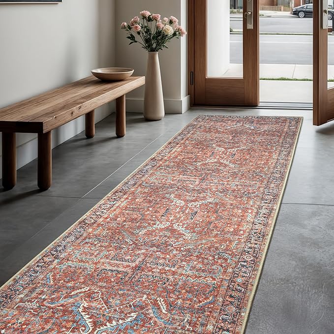 GLN Rugs Traditional Collection - Machine Washable Area Rug, Traditional Washable, Non Slip, Low Pile Chenille Rug, Living Room, Bedroom, Kitchen Rug (2'6" x 10' Terra/Multicolor 1168)