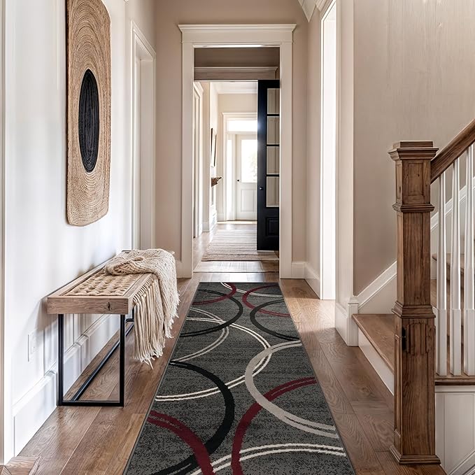 Rugshop Modern Wavy Circles Design Non-Shedding Runner Rug, Carpet for Hallway or Kitchen, Red, 2' x 7'2"