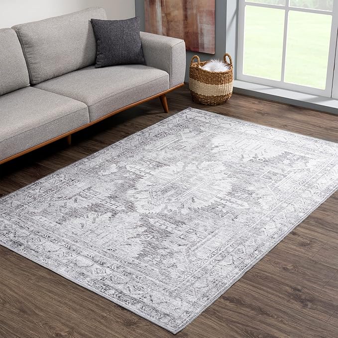 Bloom Rugs Washable 6' x 9' Rug - Ivory/Silver Gray Traditional Area Rug for Living Room, Bedroom, Dining Room, and Kitchen - Exact Size: 6' x 9'