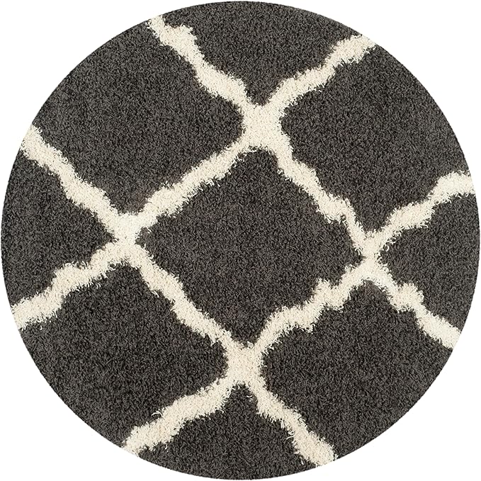 SAFAVIEH Dallas Shag Collection Area Rug - 8' Round, Dark Grey & Ivory, Trellis Design, Non-Shedding & Easy Care, 1.5-inch Thick Ideal for High Traffic Areas in Living Room, Bedroom (SGD257A)