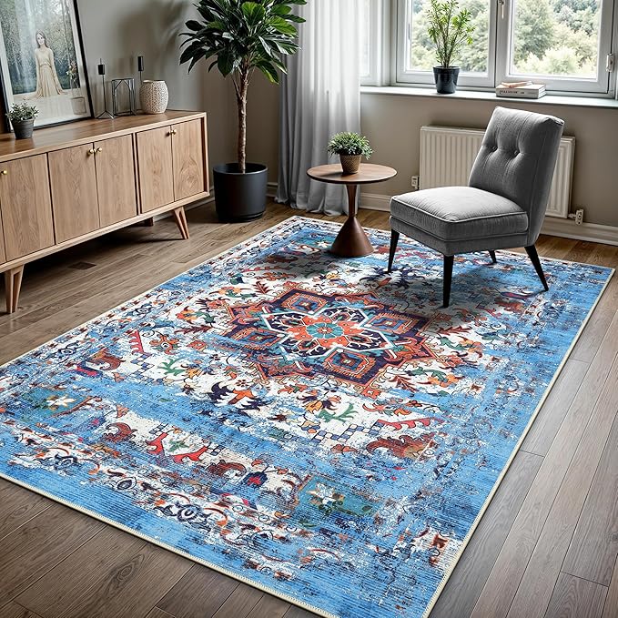 GLN Rugs Traditional Collection - Machine Washable Area Rug, Traditional Washable, Non Slip, Low Pile Chenille Rug, Living Room, Bedroom, Kitchen Rug (3' x 5' Blue/Multicolor)