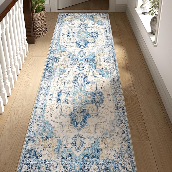 jinchan Kelda Runner Rug 3x7 Washable Rug Soft Hallway Runner Indoor Vintage Print Floor Cover Retro Distressed Lightweight Non-Slip Thin Carpet for Bathroom Kitchen Living Room Bedroom Blue