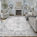 HUGEAR Area Rug 8x10 Vintage Grey Machine Washable Living Room Rugs Thin Neutral Floral Vacuumable Low Pile Carpet Bedroom Office Dining Room Laundry Room Non Slip Soft Lightweight