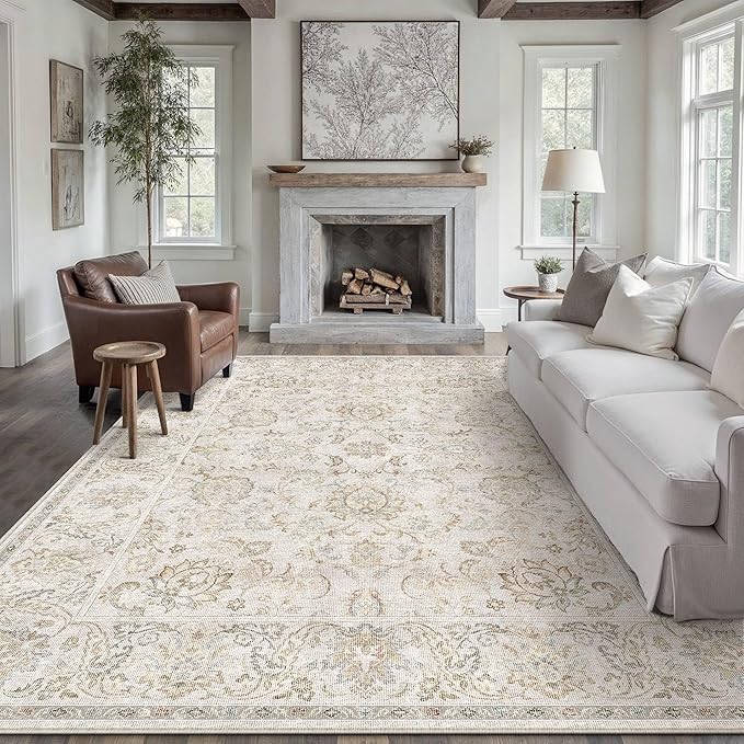 HUGEAR 6x9 Machine Washable Area Rugs Vintage Grey - Neutral Living Room Bedroom Rug Non Slip Stain Resistant Low Pile Aesthetic Throw Carpet Kids & Pet Friendly