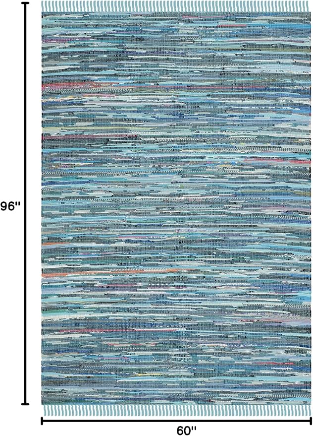 SAFAVIEH Rag Rug Collection Area Rug - 5' x 8', Blue & Multi, Handmade Boho Stripe Cotton, Ideal for High Traffic Areas in Living Room, Bedroom (RAR121B)