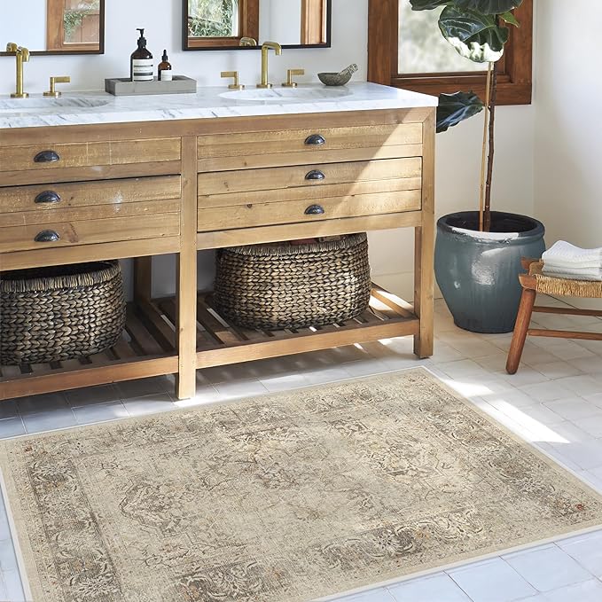 RUGGABLE Washable Vintage Area Rug – Sarrah Hazel 4x6, Stain-Resistant, Non-Slip – Medium Machine Washable Rugs for Living Room, Bedroom, Hallway, Entryway & Office–with Cushioned Pad
