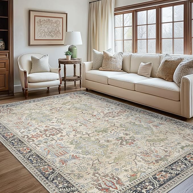 Bavni 5x7 Washable Area Rug Clearance for Living Room Rug Bedroom, Non-Slip, Boho Vintage Rugs Chenille Printed Low Pile for Dinning Room Homeoffice, Ivory/Teal