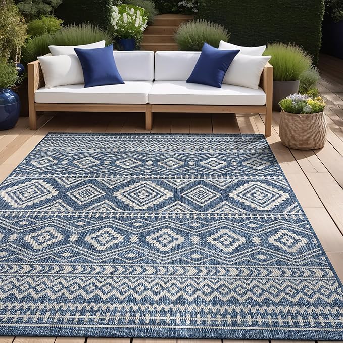 Beverly Rug Waikiki Boho Indoor Outdoor Rug 6x9, Washable Outside Carpet for Patio, Deck, Porch, Bohemian Area Rug, Farmhouse Rugs, Aztec Tribal Rug, Azure and White
