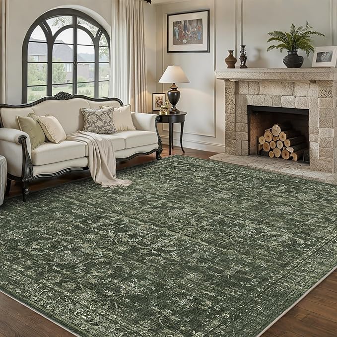 Washable Area Rug 9x12 Green Rugs for Living Room, Vintage Boho Large Rug for Bedroom Dining Room Office, Distressed Floral Print Carpet for Under Table, Soft Non Slip Low Pile Throw Carpet Indoor Mat