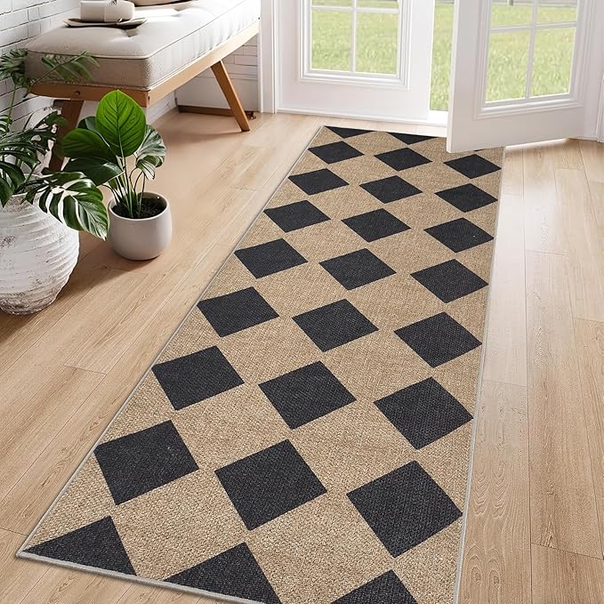 Checkered Easy Jute Runner Rug,2x6 Kitchen Runner Rugs for Hallway Non Slip Washable Checkered Indoor Outdoor Carpet for Laundry Room Bedroom Entry 6ft