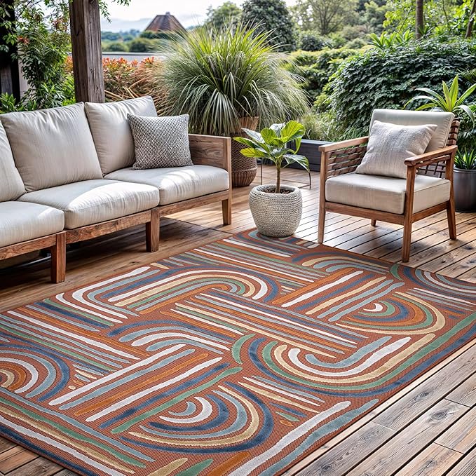 CAMILSON Indoor Outdoor Rug, Orange 6x9 Geometric Arch Striped Area Rugs for Patio and Home Areas, Easy-Cleaning Non-Shedding Living Room, Garden and Deck Washable Outside Carpet (6 x 9)