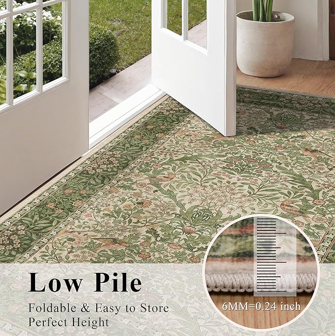 5x7 Floral Washable Area Rug for Living Room, Vintage Boho Rugs for Bedroom Dining Room, Botanical Birds Non Slip Low Pile Forest Throw Carpet for Farmhouse Office, Retro Pink/Green