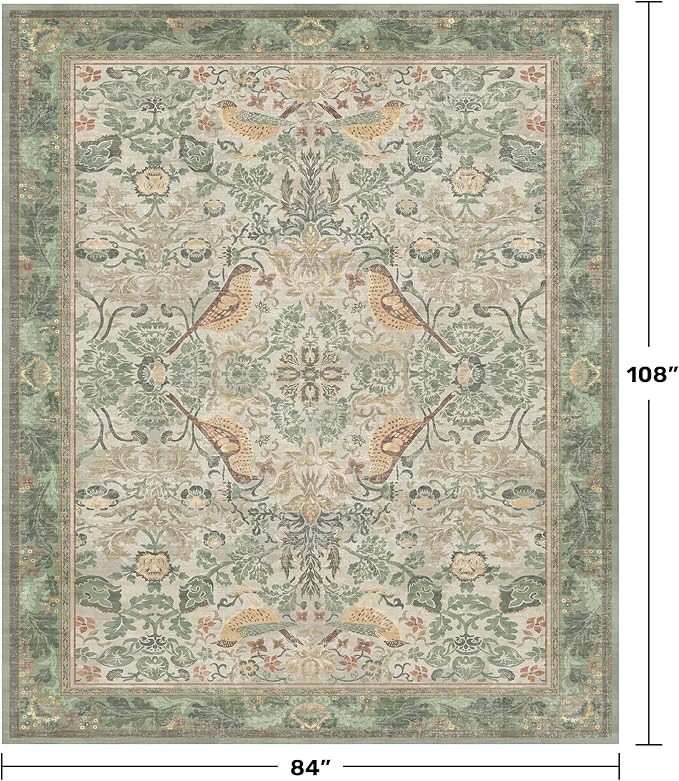 Washable Living Room Rug 7x9 - Sage Floral Nature Rugs for Bedroom, Dining Room Kitchen Table Rug for Under Table, Office, Stain Resistant Non-Slip Large - Sage Green/Beige