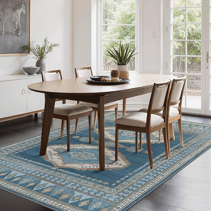 GENIMO Machine Washable 8x10 Area Rugs for Living Room, Non Slip Vintage Rugs, Low Pile Lightweight Chenille Print Rug for Bedroom, Dining Room, Home Office, Navy/Brick