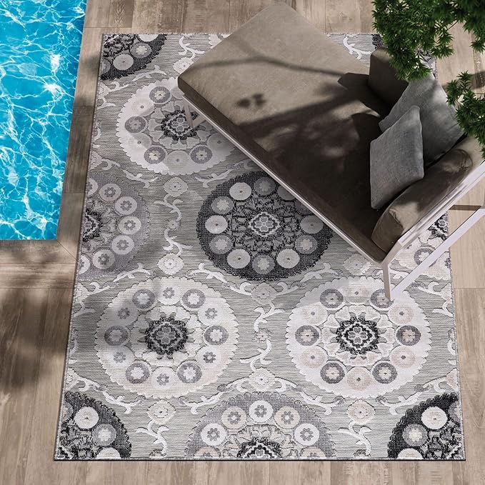 CAMILSON Indoor Outdoor Rug 8x10 Bohemian Medallion Floral Area Rugs for Indoor and Outdoor Patios Easy-Cleaning Non-Shedding Living Room Garden and Kitchen Washable Outside Carpet (8 x 10 / Gray)