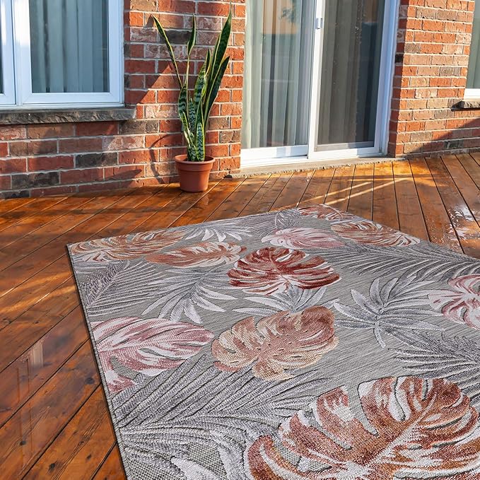 CAMILSON Indoor Outdoor Rug, Mult 9’x12’ Leaf Tropical Botanical Area Rugs for Indoor and Outdoor patios, Easy-Cleaning Non-Shedding Living Room, Garden and Kitchen Washable Outside Carpet (9x12)