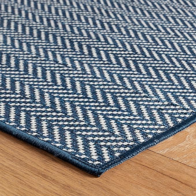 Dash & Albert Herringbone Navy Machine Washable Rug, 9.5 X 13.5 Feet, Blue Geometric Pattern