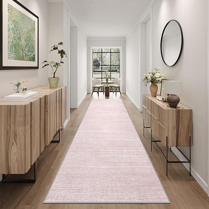 Art&Tuft Non-Slip Runner Rug - 2x10 Runner Rug Washable Low-Pile Rugs Runners, Soft Distressed Carpet Runner for Bedroom Bathroom Kitchen Laundry Living Room, Lightpink