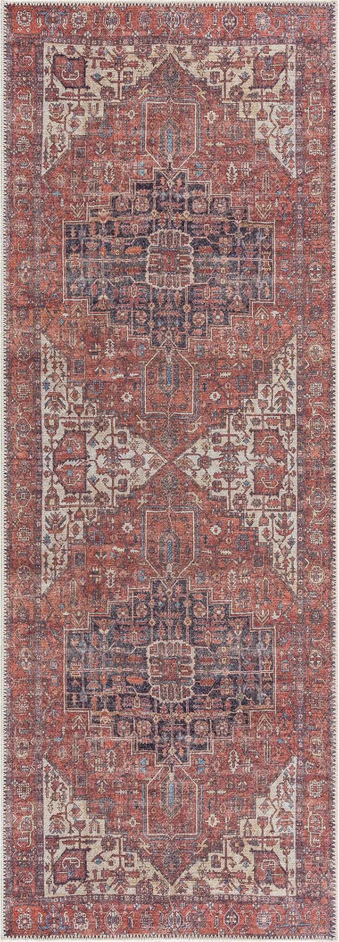 Bloom Rugs Washable 7 ft Runner - Red/Orange/Beige Traditional Runner for Entryway, Hallway, Bathroom, and Kitchen - Exact Size: 2.5' x 7'