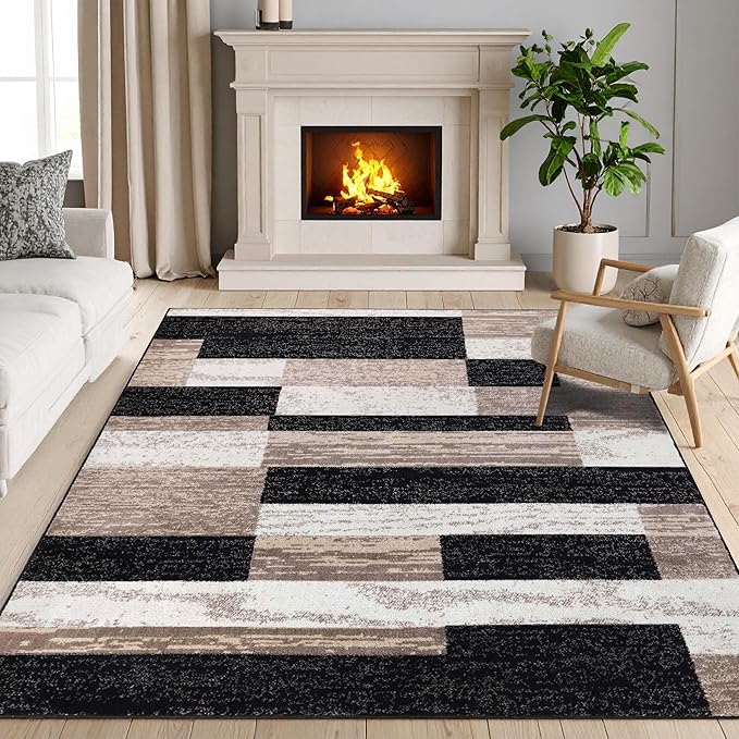 Superior Indoor Area Rug, Jute Backing, Plush Modern Rugs for Entryway, Kitchen Floors, Office Floor Cover, Color Block Rugs, Rockwood Collection, 8' x 10', Ivory/Beige