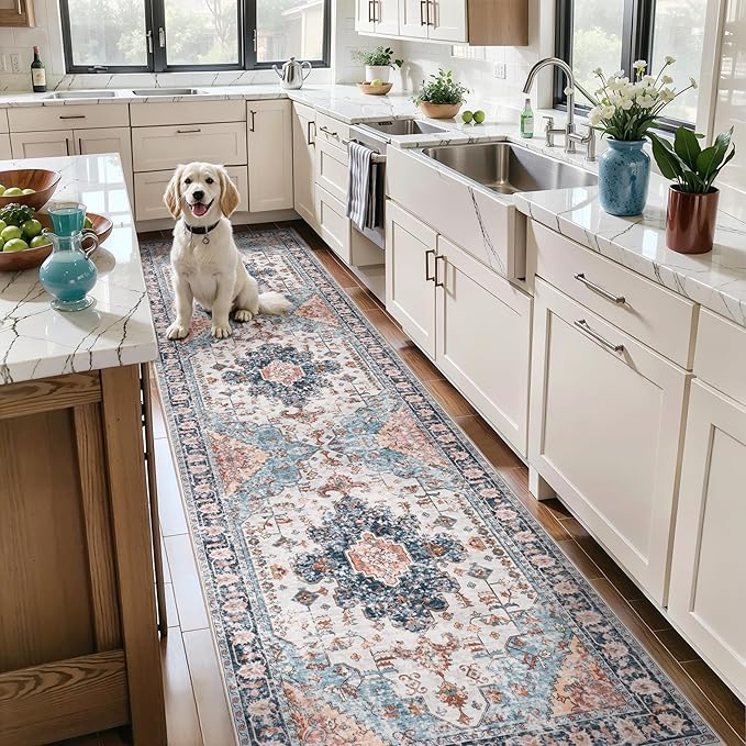 Tangsoo 3x8 Runner Rug for Hallway Long Washable Hallway Runner Rugs, Non Slip Vintage Soft Low Pile Rug Runner, Indoor Oriental 8ft Carpet Runners for Kitchen Bedroom Entryway Living Room Blue/Orange