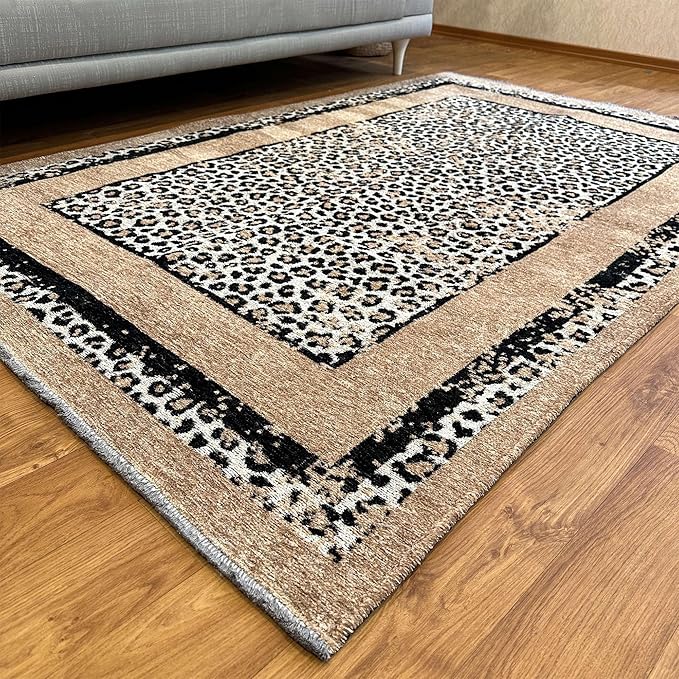 Alfa Rich 7x10 Leopard Beige Black Washable Area Rugs for Living Room Bedroom Reversible Cotton Rug