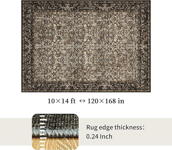 Washable Living Room Rug: 10x14 Boho Floral Soft Area Rug for Bedroom Decor - Vintage Low Pile Thin Carpet for Dining Room Non-Slip - Farmhouse Stain Resistant Rugs - Dark Brown