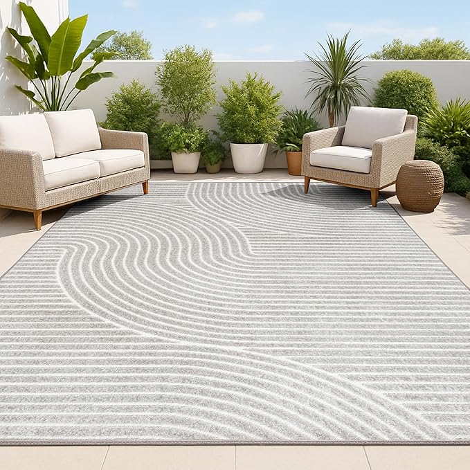 JONATHAN Y Hallie High-Low Curve Gray/Ivory Indoor/Outdoor Area Rug, 10x14, Minimalist, Pet Friendly, Non-Shedding, Stain Resistant, Hose-Washable for Backyard, Patio, Porch (SCN100A-14)