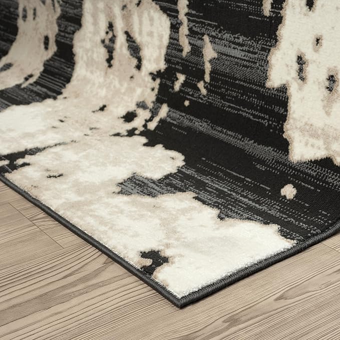 Abani Terra Cream Area Rug for Living Room, Bedroom - Black Abstract Pattern - 6' Round - Durable & Easy to Clean