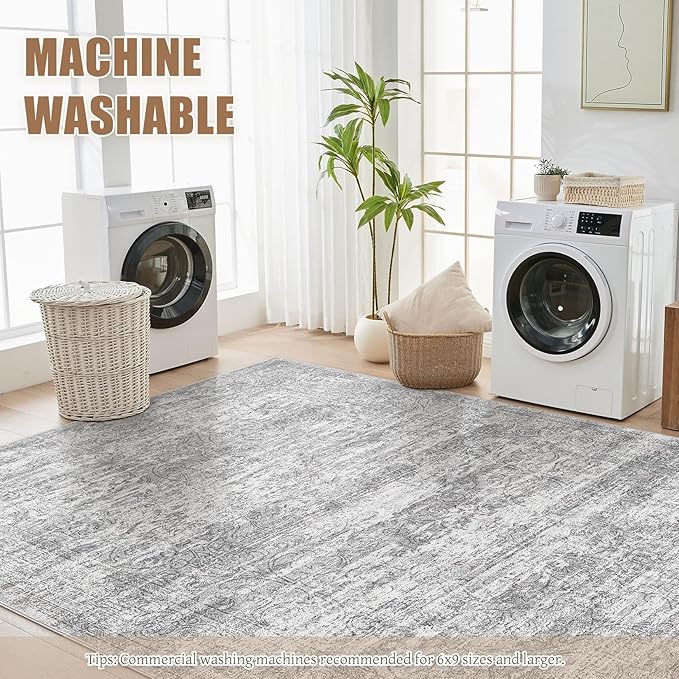 Area Rug Living Room Rugs - 6x9 Abstract Large Soft Indoor Washable Rug Neutral Modern Low Pile Carpet for Bedroom Dining Room Farmhouse Home Office - Vintage Grey