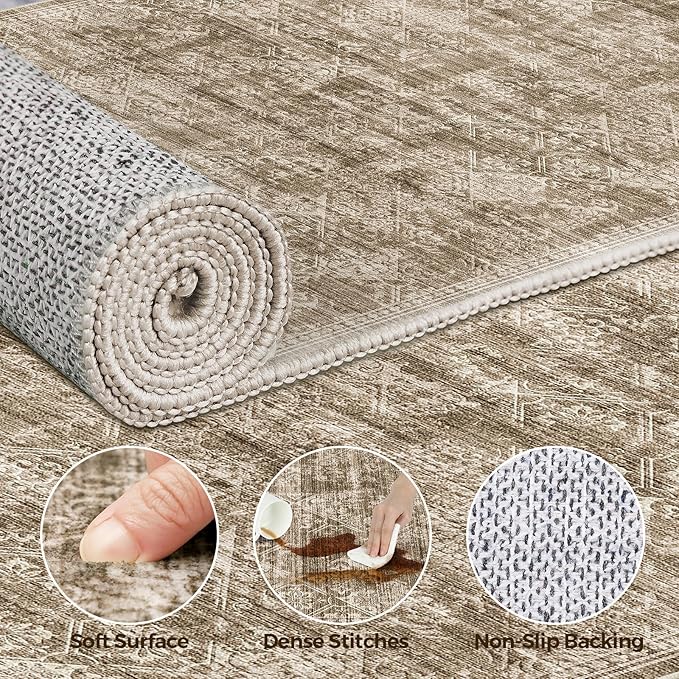 WITSHOCK 6x9 Area Rugs for Living Room: Machine Washable Non Slip Modern Abstract Carpet - Low Pile Print Rug for Bedroom Dining Room - Stain Resistant for Household - Pet Owners (Earthy Brown)