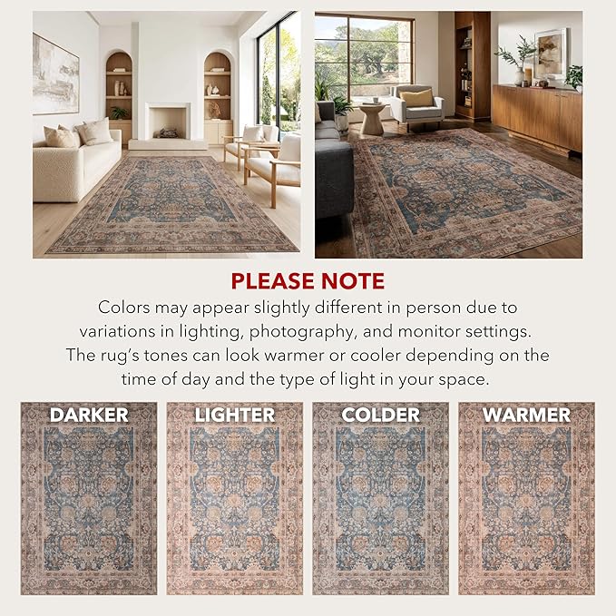 Kuden 2'6"x10 Runner Rug, Machine Washable Area Rug with Non-Slip Backing, Vintage Style, Soft, Easy Clean, Low Pile Rug for Hallway, Entryway, Kitchen, Bedroom