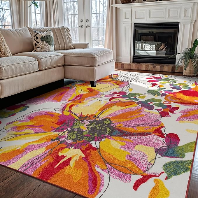 Rugshop Modern Bright Flowers Non-Slip (Non-Skid) Area Rug 5 X 7 (5' 3" X 7' 3") Multi