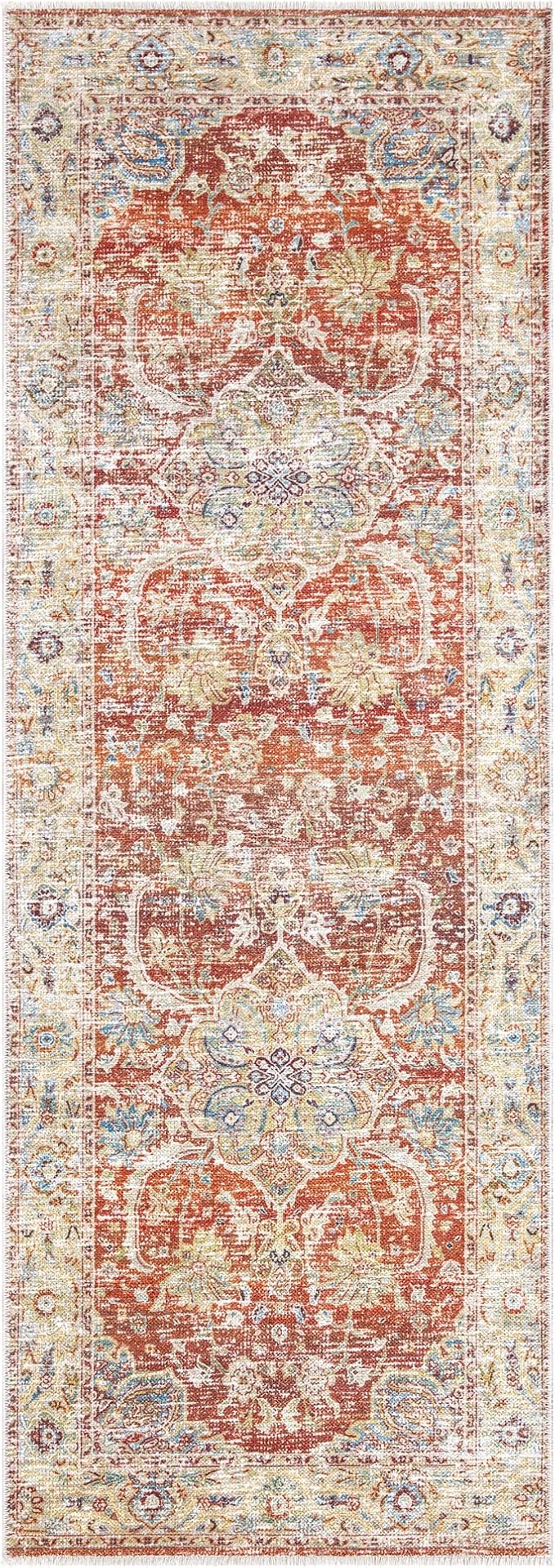Bloom Rugs Caria Washable Non-Slip 12 ft Runner - Orange/Olive Beige Traditional Runner for Entryway, Hallway, Bathroom, and Kitchen - Exact Size: 2'6" x 12'