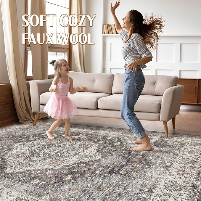 10x14 Area Rugs Living Room: Washable Boho Large Neutral Vintage Soft Rug Stain Resistant Farmhouse Non-Slip Indoor Floor Carpet for Bedroom Nursery Kids Office Dining Room Playroom- Grey Brown