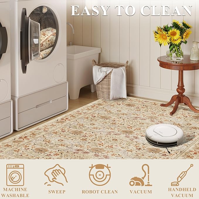DUKINO 3x5 Area Rug, Vintage Floral Washable Rug for Bedroom with Non Slip Design, Soft Low Pile Indoor Small Carpet for Bedroom, Farmhouse, Living Room, Office, Bathroom, Beige