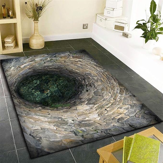 3D Hole Area Rug for Bedroom, 6x8ft, Visual Illusion Stone Cave Trap Design Home Decorative Rugs, Breathable Anti Skid Dirty Resistant Washable Soft Large Carpets for Family Indoor