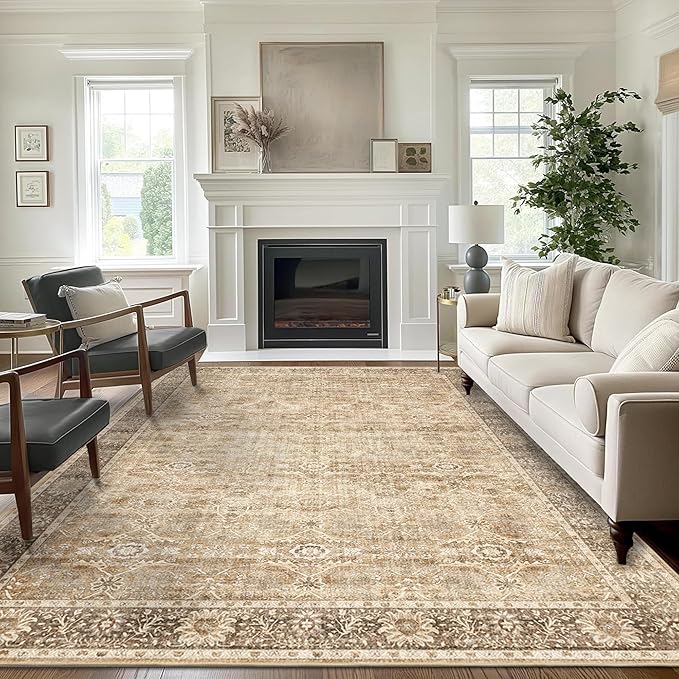 6x9 Beige Washable Rug for Living Room Large Vintage Distressed Bedroom Rug Low Pile Non-Slip Soft Boho Carpets for Bedroom Dining Room Home Office Indoor Nursery