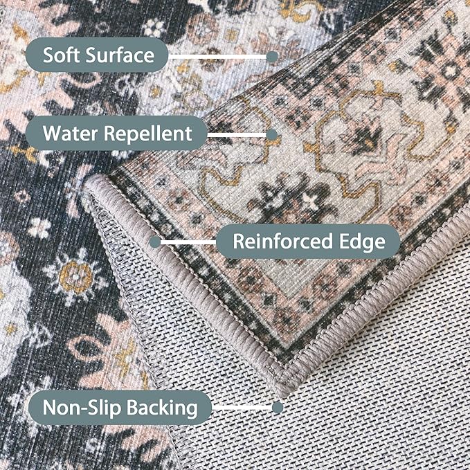 5x7 Area Rug Machine Washable Boho Rug for Living Room,Ultra-Thin Low Pile Carpet,Lightweight Indoor Printed Rug,Non Slip Floral Area Rug for Bedroom, Dining Room, Home Office,Black