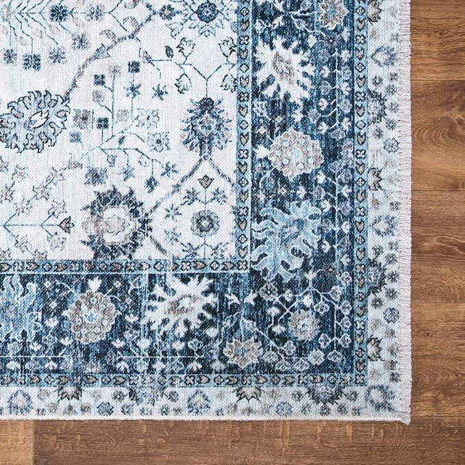 Bloom Rugs Caria Washable Non-Slip 5x7 Rug - Navy Blue Traditional Bordered Area Rug for Living Room, Bedroom, Dining Room, and Kitchen - Exact Size: 5' x 7'