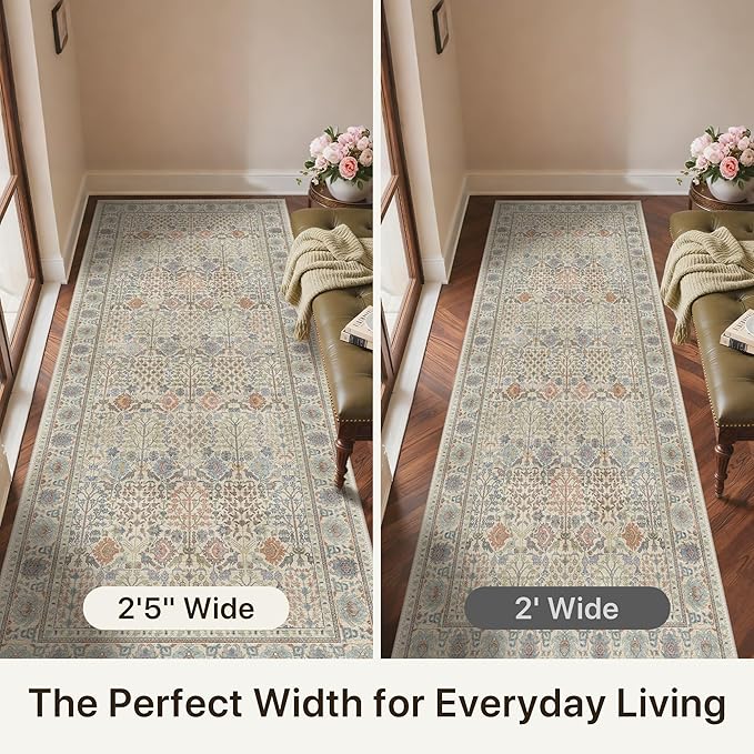 Bavni 2'6''x6 Rug Runners for Hallways, Washable Runner Rug Non Slip, Vintage Floral Print Style Rugs for Bedroom-Lightweight Low Pile Carpet for Hallways Bathroom, Earth Yellow