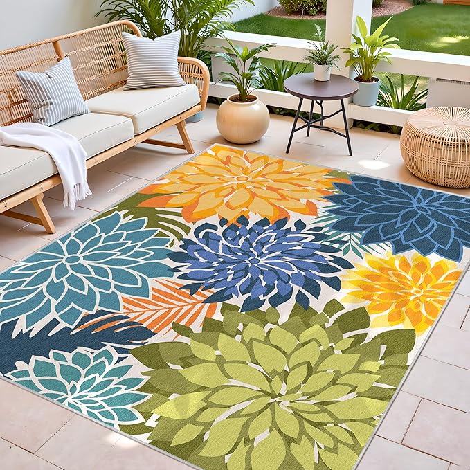 Colorful 8x10 Outdoor Area Rug Washable Multicolored Patio Rug Tropical Botanical Floral Chenille Waterproof Outdoor Carpet Non-Slip for Deck, Backyard, Porch, Green