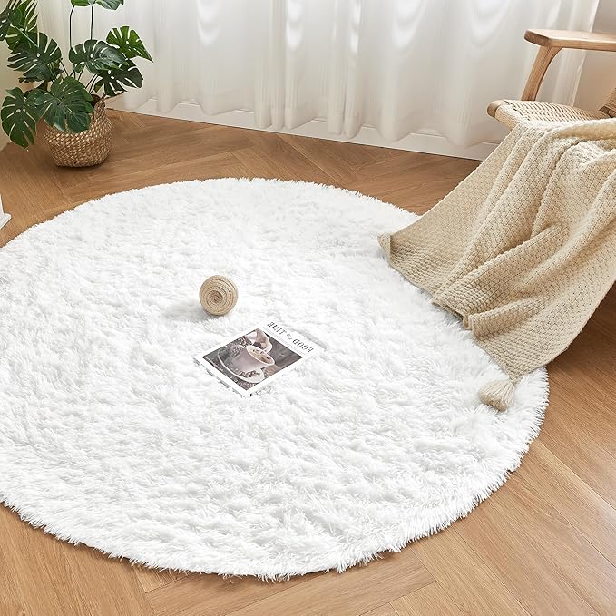Andency White Round Area Rug for Bedroom, Soft Shag Circle Rug 4x4 for Room, Fluffy Faux Fur Carpet for Home Decor, Circular Fuzzy Plush Rug for Living Room Playroom