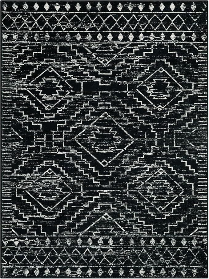 Wonnitar Moroccan 9x12 Area Rug for Living Room, Washable Black Rugs for Bedroom, Large Non-Slip Thin Dining Room Rugs for Under Table, Non-Shedding Soft Boho Floor Carpet Decor (Black,9'x12')