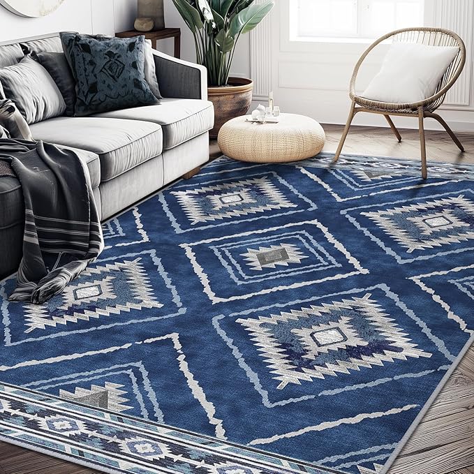 Area Rug 9x12 Rug Machine Washable Non-Slip Low Pile Print Pattern Western Rug for Living Room Bedroom Entryway Tribal Series -Blue/Gray